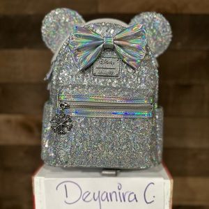 Loungefly Disney Minnie Mouse Silver X LASR Holographic Sequin Mini Backpack